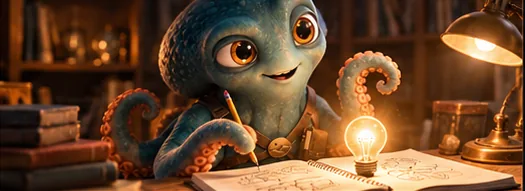 Oki sketching a plan by lamplight in his study